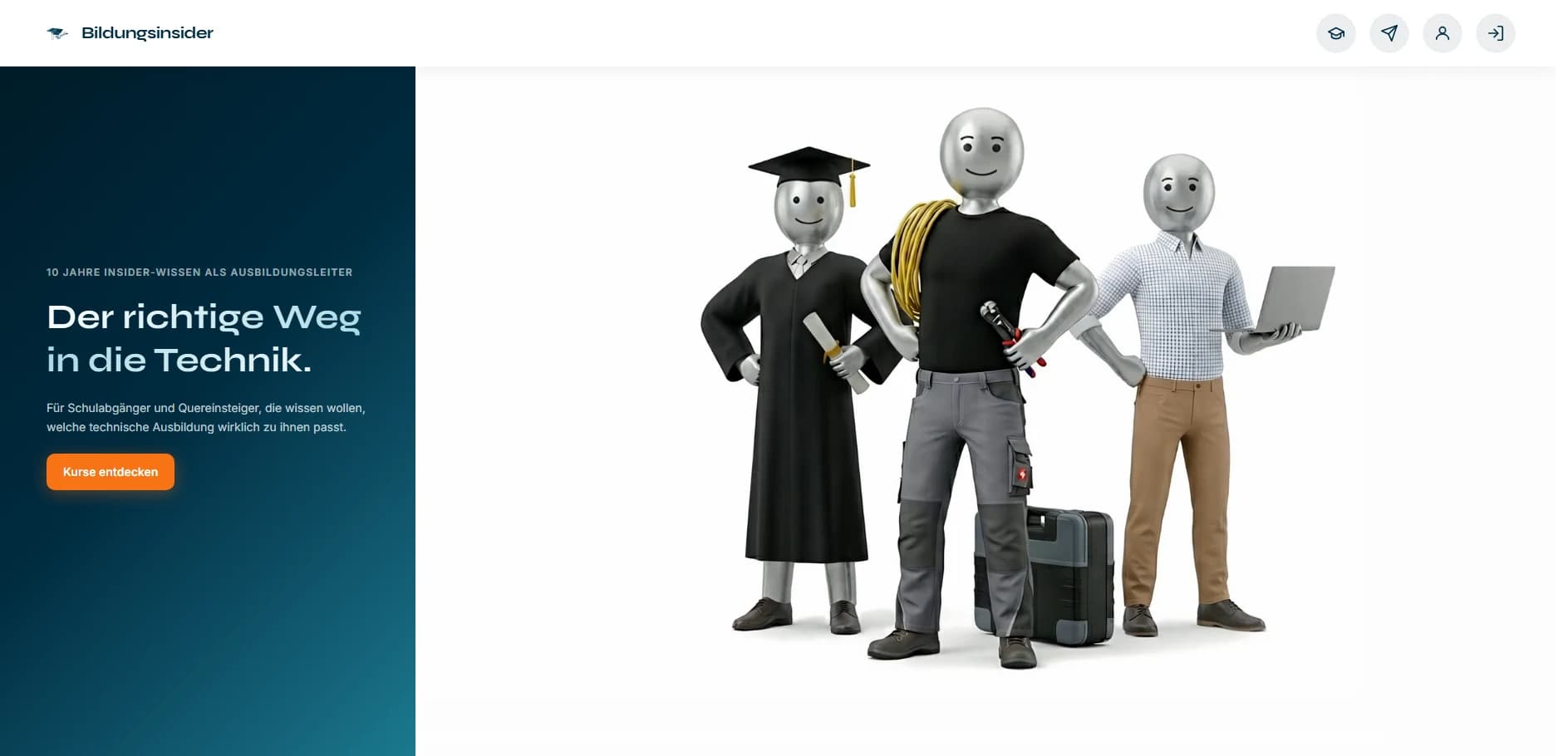 Startseite von bildungsinsider.com: Navigation mit Bildungsinsider-Logo, links der Titel „Der richtige Weg in die Technik.“ mit oranger „Kurse entdecken“-Schaltfläche, rechts alle drei 3D-Figuren aus dem Hero-Video vollständig zu sehen